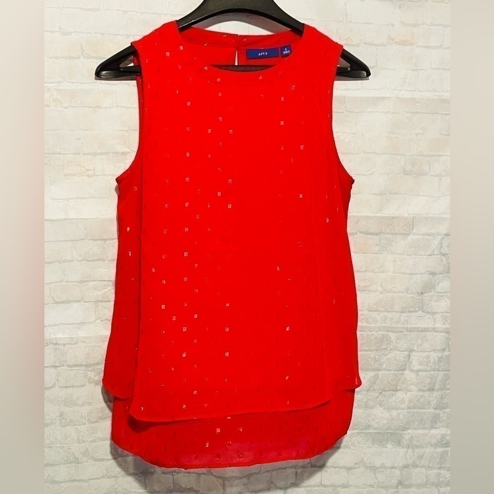 APT 9 Top Size Small Red blouse with sequins. Sleeveless, layered, light fabric.